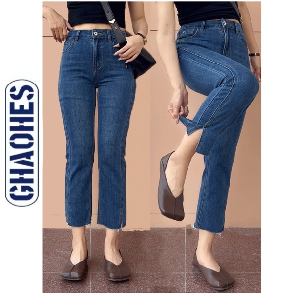 GHAOHES 🌷 กางเกงยีน   เอวสูง  วินเทจ   ผ่าข้าง   สาวอวบ  ผ้ายืด  ไซด์S-4XL  สวยมาก V53