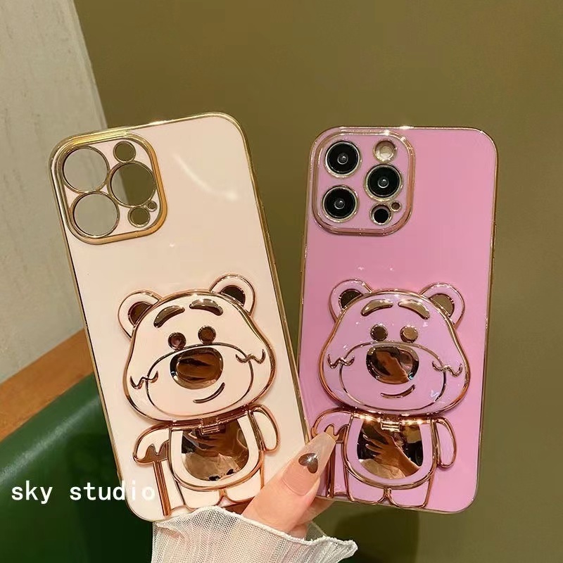 เคส สำหรับ รุ่น oppo Reno10 pro plus A83 A3S Reno8T มือถืมือ หมีล็อตโซ่ กระจก ขาตั้ง แบบน่ารัก