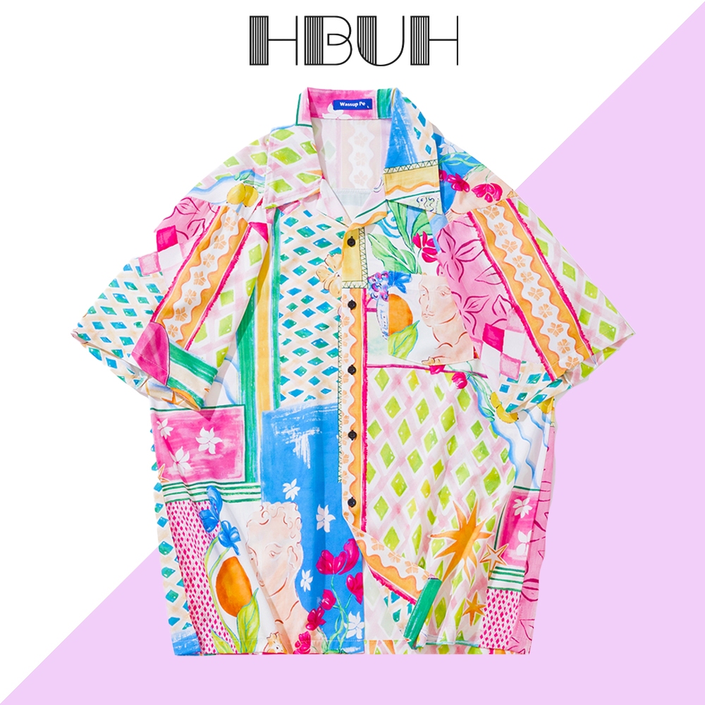 HBUH เสื้อฮาวายแขนสั้น เสื้อสงกรานต์ลายดอกสไดล์เกาหลี สไตล์แอ็ปสแต็ก Hawaii
