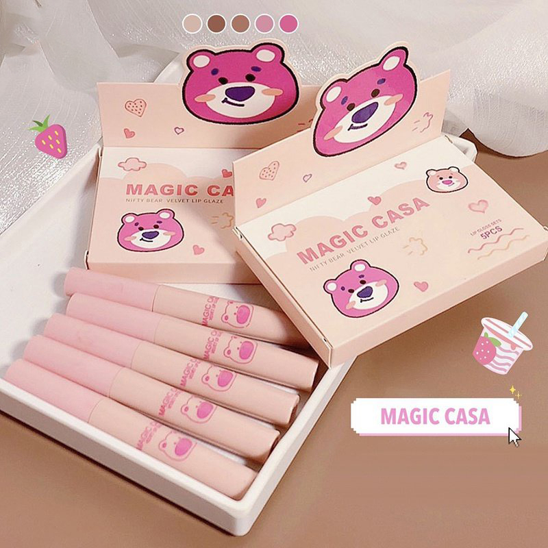 【Lemon】MAGIC CASA ชุดลิปสติก เนื้อแมตต์กํามะหยี่ กันน้ํา ติดทนนาน ชุดลิปกลอส หมีน่ารัก 5 ชิ้น-LN