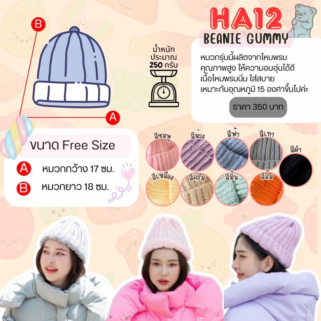 HA12 หมวกกันหนาวไหมพรม แบบหนากันหนาว ใส่สบายใส่ได้ทั้งชายและหญิง รุ่น BEANIE GUMMY COATMEE