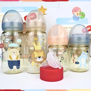 Babi care ขวดนมสีชาคอกว้าง ไม่ดูดไม่ไหล ลายการ์ตูน เบบี้แคร์ 4ออนซ์,8ออนซ์ แพ็คคู่ [เลือกสีได้]