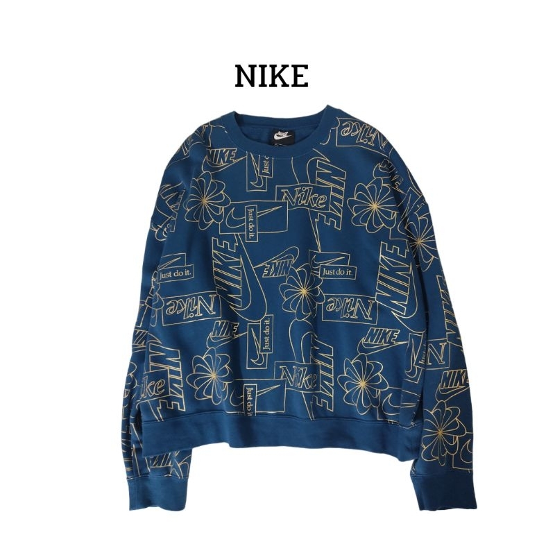 Nike Blue All Over Graphic Gold Flowers Sweatshirt Medium สภาพ 98-99%