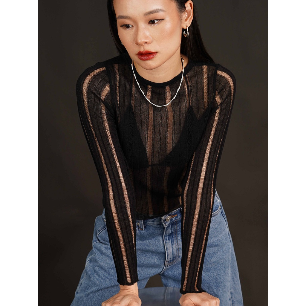 knitCircle - OOO Reversible Long Sleeve Top (3 สี)  เสื้อไหมพรมแขนยาว คอกลม ลายทอ Rib ผสมร่องซีทรู ใส่ได้สองด้าน_knit85