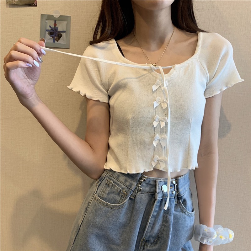 ถูกมาก เสื้อไหมพรมโบว์ ครอป เอวลอย น่ารัก ฟรุ่งฟริ้ง