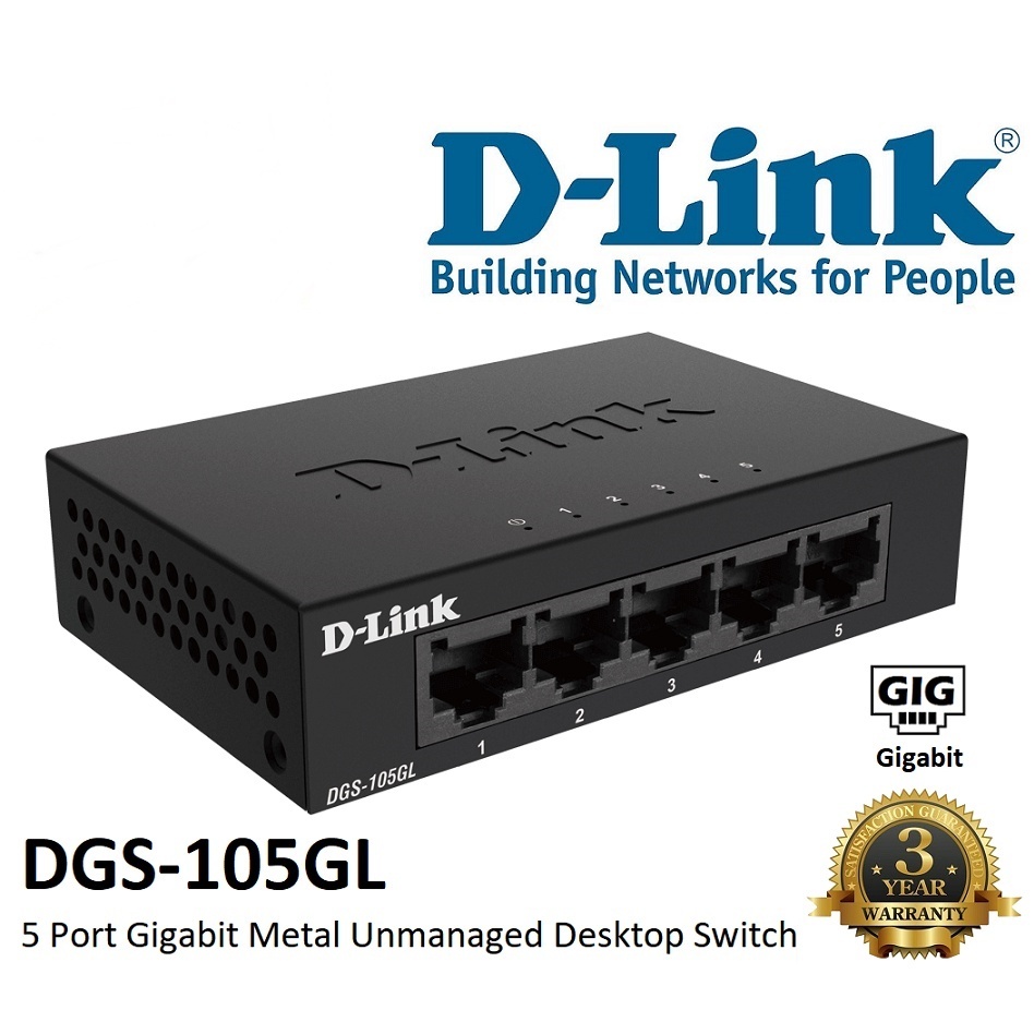 D-LINK (DGS-105GL) 5 Port Gigabit Metal Unmanaged Desktop Switch 10/100/1000 Mbps