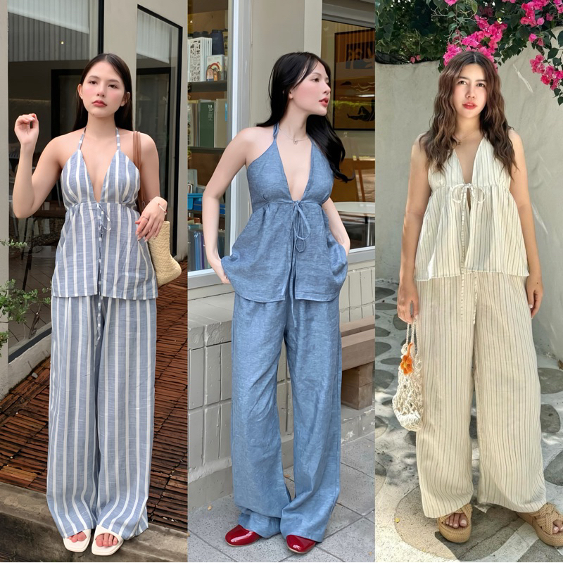 𝐂𝐇𝐈𝐋𝐋𝐈𝐍𝐆 𝐒𝐄𝐓 ชุดเซตสายเดี่ยวผ้าลินิน+กางเกงสม็อคหลัง Chilling set (โรงงานผ้าที่ไทยร้านผลิตเอง)