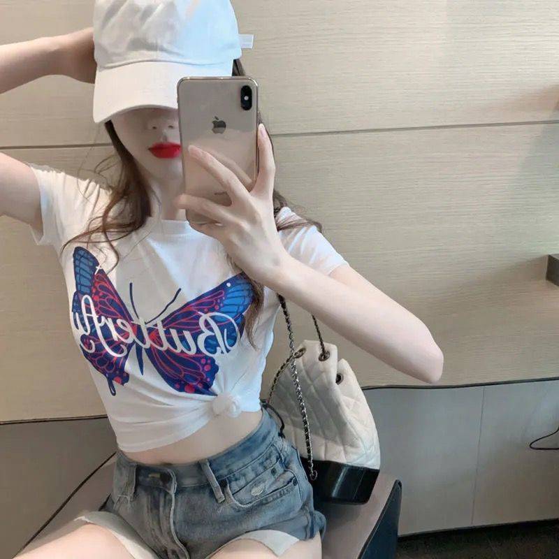 เสื้อครอปผู้หญิง ครอปสั้น ลายผีเสื้อ เสื้อยืดผู้หญิง E8005 - รูปที่ 5