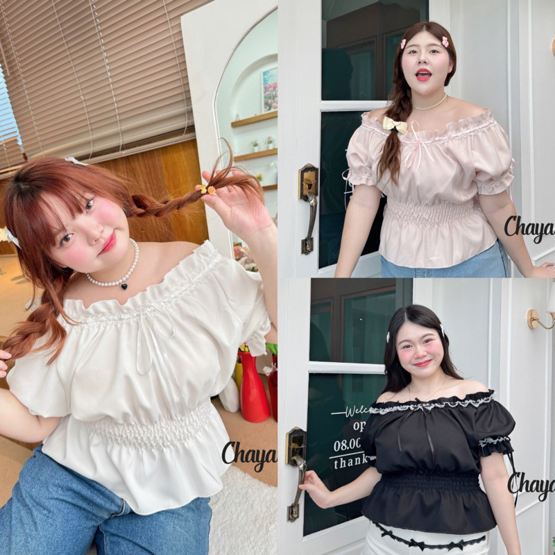 เสื้อปาดไหล่สาวอวบ สาวพลัสไซซ์ แต่งเชือกผูกโบว์ที่อก งานสม๊อคเอวเข้ารูป น่ารักมากก!