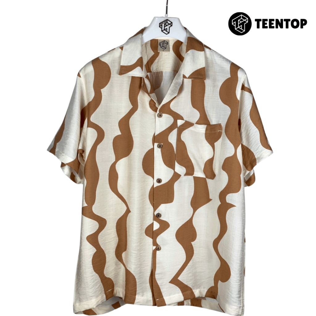 เสื้อฮาวาย ผ้าไหมฝรั่งเศส เสื้อเชิ้ต แขนสั้น Teentop ลายทาง สีน้ำตาาล