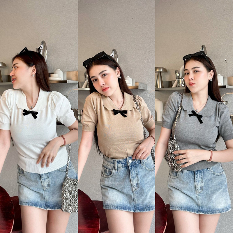 เสื้อครอปคอปกโปโล ผ้าไหมพรมยืดเยอะ แขนสั้นแต่งไหล่ยก ทรงตุ๊กตา แต่งโบว์ช่วงอก เนื้อผ้านุ่ม รุ่น ผู้นำ