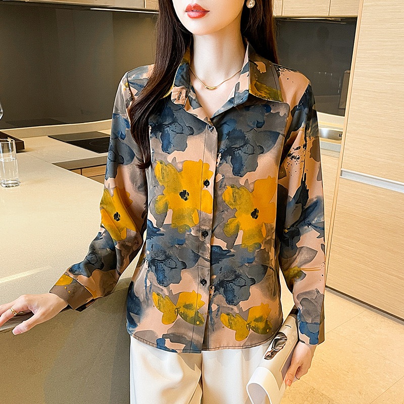 【ส่งจากไทย】เสื้อเชิ้ตผู้หญิงพิมพ์ลายแขนยาวคอปกแฟชั่นผ้าชีฟอง office ladyชุดใส่ทำงานใส่สบาย มุสลิม