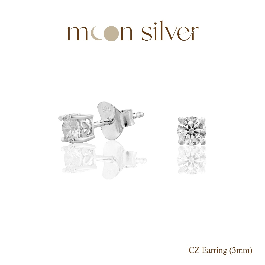 Moonsilver ต่างหูเงินแท้ 925 Size 2-6mm ฝังเพชร CZ ไม่ลอก สำหรับคนแพ้ง่าย