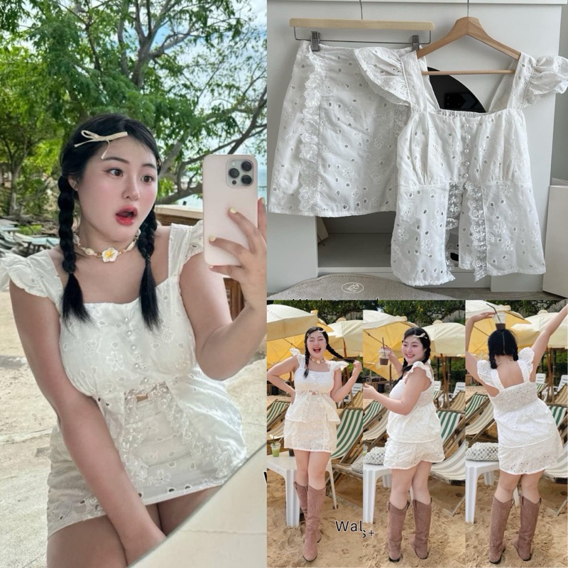 /WP/ เซ็ตเสื้อ+กระโปรง ผ้าลูกไม้ฉลุ น่ารักมาก เสื้อผ้าไซส์ใหญ่ สาวอวบอ้วน 2ไซส์ อก38-52