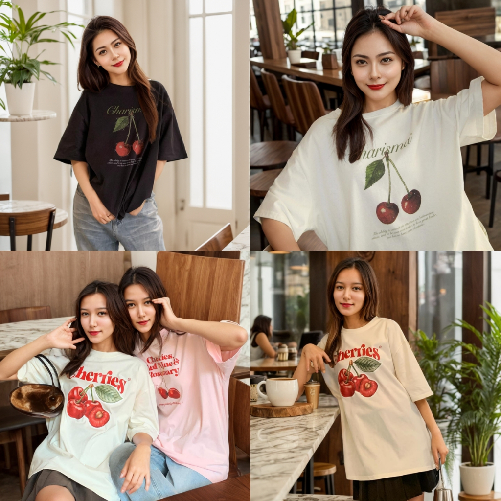 oversize เสื้อยืด เสื้อแขนสั้นคอกลม สื้อยืด CHARISMA CHERRIES สไตล์เกาหลี สไตล์เกาหลี เสื้อยืดทรงหลวม ผ้าCOTTON100%