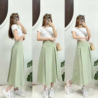 LUNA SKIRT กระโปรงจีบยาวหน้า-หลัง ขอบเอวเรียบซิปหลัง ผ้าบาร์บี้เปเป้ เอวสูง