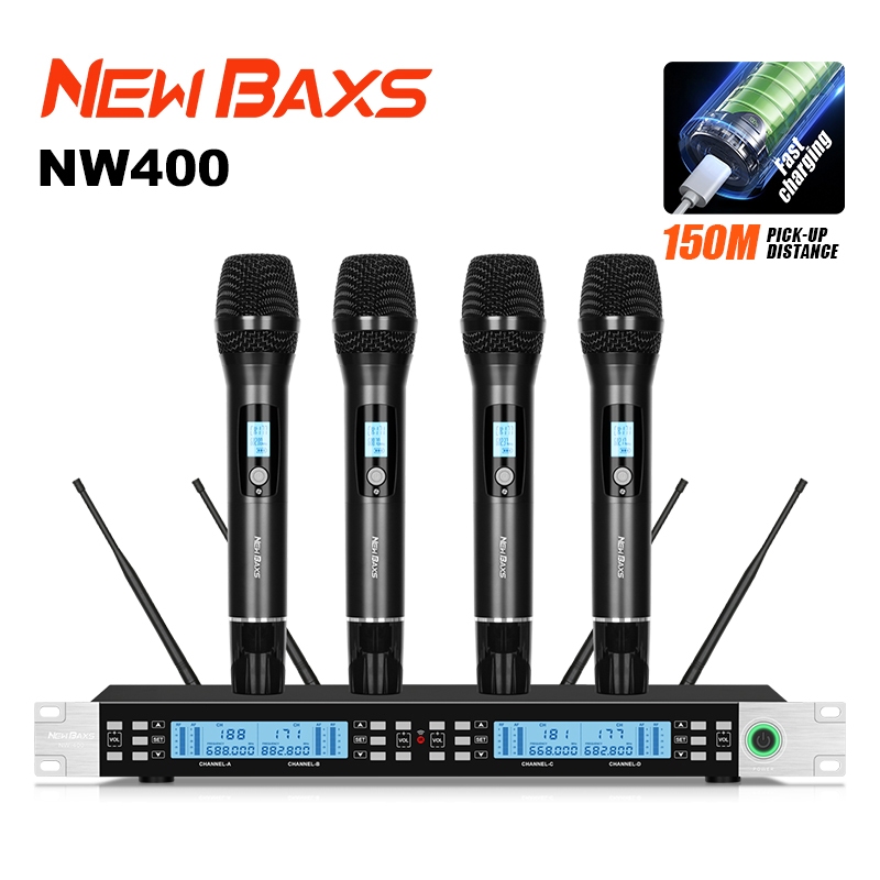 Newbaxs ไมโครโฟนไร้สายแบบพกพาโลหะ NW400/NW200 พร้อมเสาอากาศ 4 ต้น อุปกรณ์เสียงสำหรับการแสดงกลางแจ้ง คาราโอเกะ