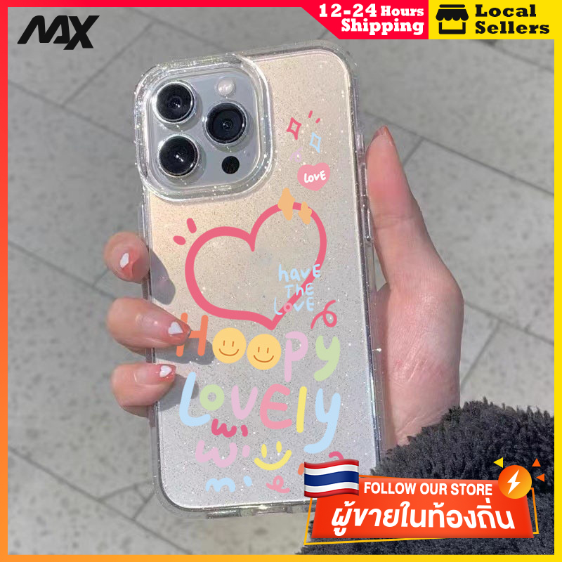 ผงเพชรแผ่นโปร่งใส เทรนด์แฟชั่น ความรักมีความสุข for 11 12 13 15 14plus 15 pro max XR 12 13pro 14 7P 8P XS 14Pro 11pro