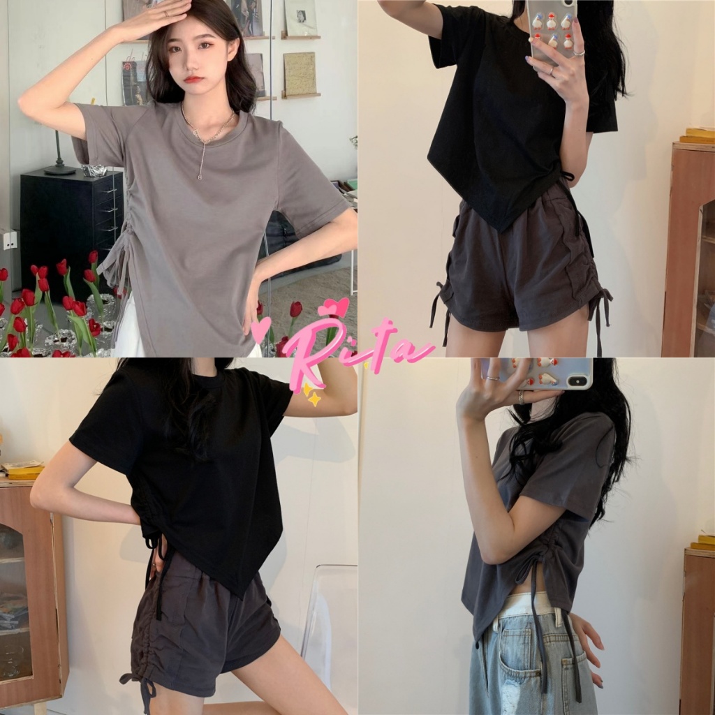 Rita พร้อมส่ง เสื้อยืดแฟชั่น เสื้อยืดแขนสั้น คอกลม สีทึบ แบบผูกเชือก ทรงไม่สม่ําเสมอ สไตล์เกาหลี สําหรับผู้หญิง