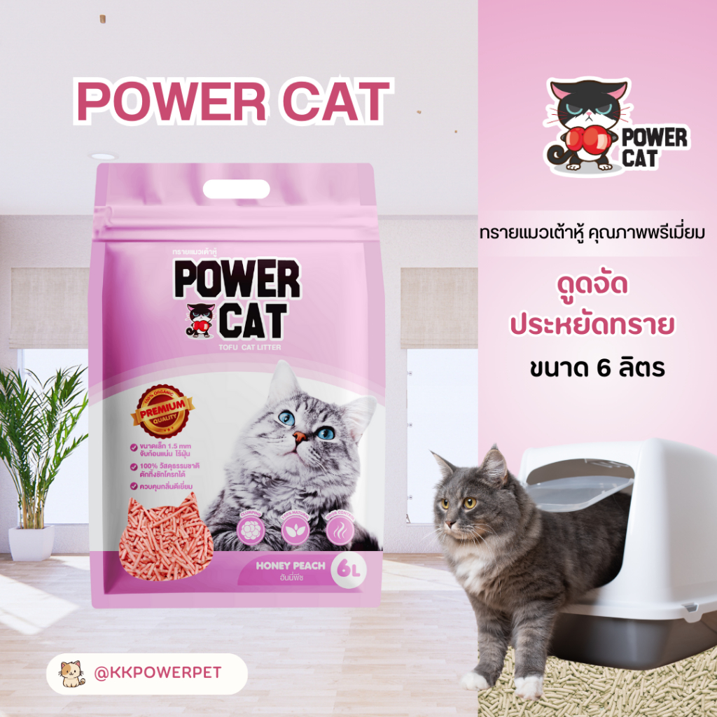 Power Cat [พาวเวอร์แคท] ทรายแมวเต้าหู้ กลิ่นฮันนี่พีช ขนาด 6 ลิตร ฝุ่นน้อย เก็บกลิ่นดีเยี่ยม