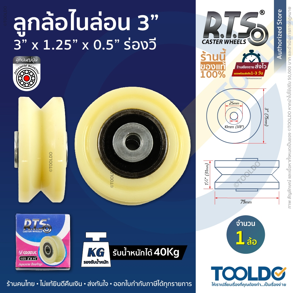 RTS ล้อซุปเปอร์ลีน 3” ร่องวี ร่องฉาก ลูกปืนญี่ปุ่น ไนล่อน สีขาว ล้อประตูรั้ว ซูเปอร์ลีน ร่องฉาก