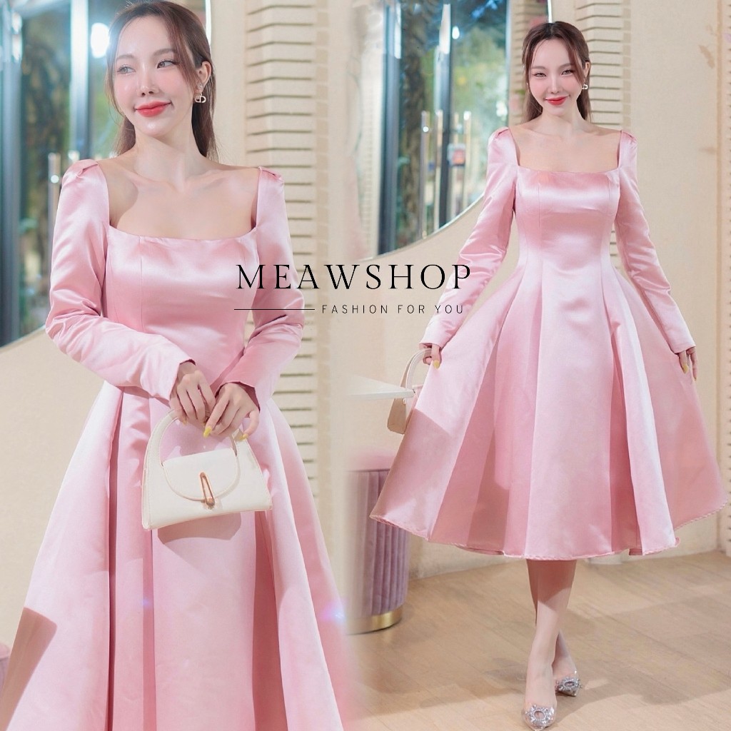 เดรสคอเหลี่ยม แขนยาว สีชมพูนู้ด S-XL ชุดออกงาน ไปงาน งานแต่ง ชุดเพื่อนเจ้าสาว ไปทะเล ไปคาเฟ่ น่ารักๆ