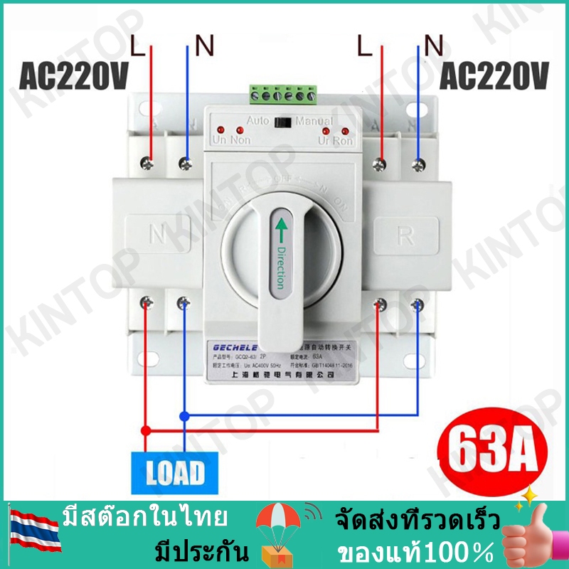 ATS Automatic Transfer Switch สวิตซ์สลับไฟ สลับไฟ แหล่งจ่าย อัตโนมัติ 2P 63A 230V MCB Type Dual Power GCDQCN GCQ4