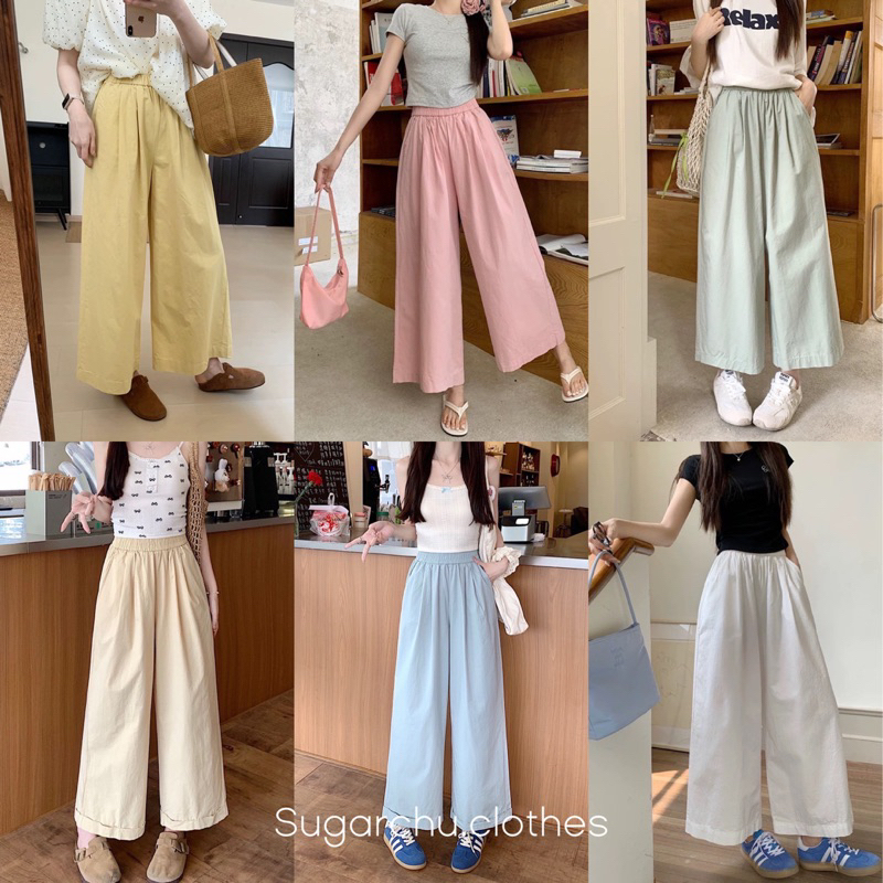 กางเกงขายาวกระบอกใหญ่ เนื้อผ้าใส่สบายเอวยางยืด-รหัส2407
