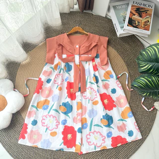 Dress( แขนล้ำ )กระดุมโบว์ใหญ่ แต่งสีพื้น ( non - 03)