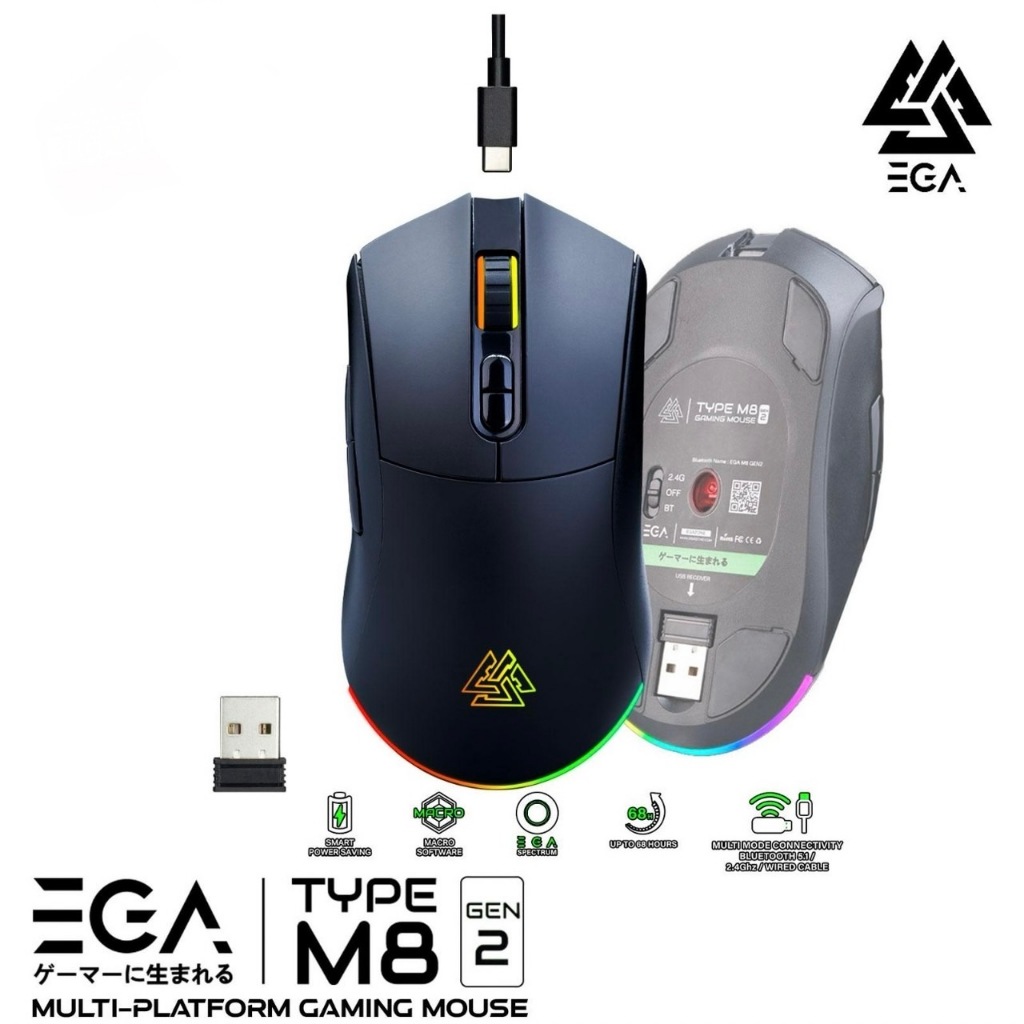 EGA TYPE M8 GEN2 Tri-Mode(2.4G/BT5.2/Type-C) เมาส์เกมมิ่งไร้สาย มีไฟ RGB ตั้งมาโครได้ รับประกัน 2 ปี