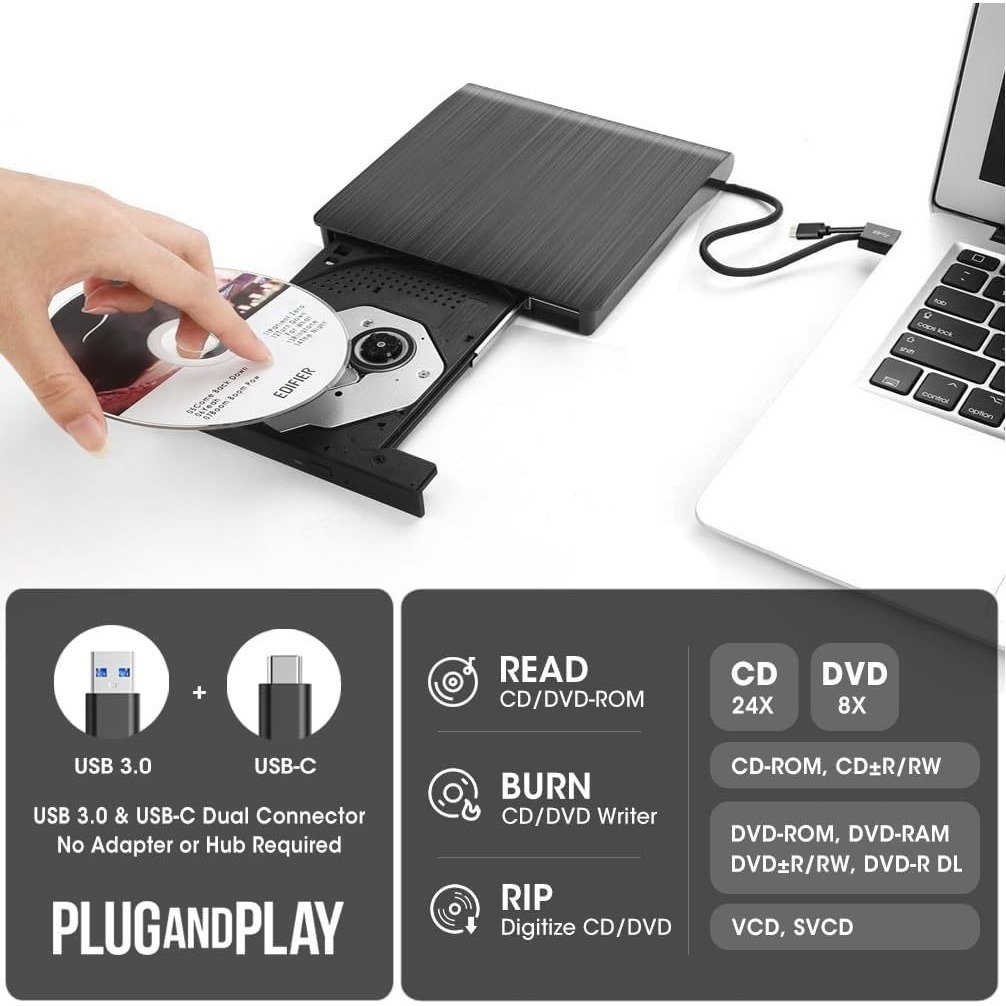 USB 3.0/TYPE-C อินเทอร์เฟซแบบคู่ Ultra Slim External DVD-RW Burner/CD/Rewrite/ ออปติคัลไดรฟ์แบบพกพา