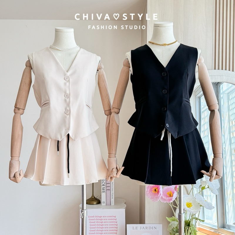-𝐂𝐡𝐢𝐯𝐚- พร้อมส่ง เซ็ตเสื้อกั๊กผ้าสูท+กระโปรงพลีส