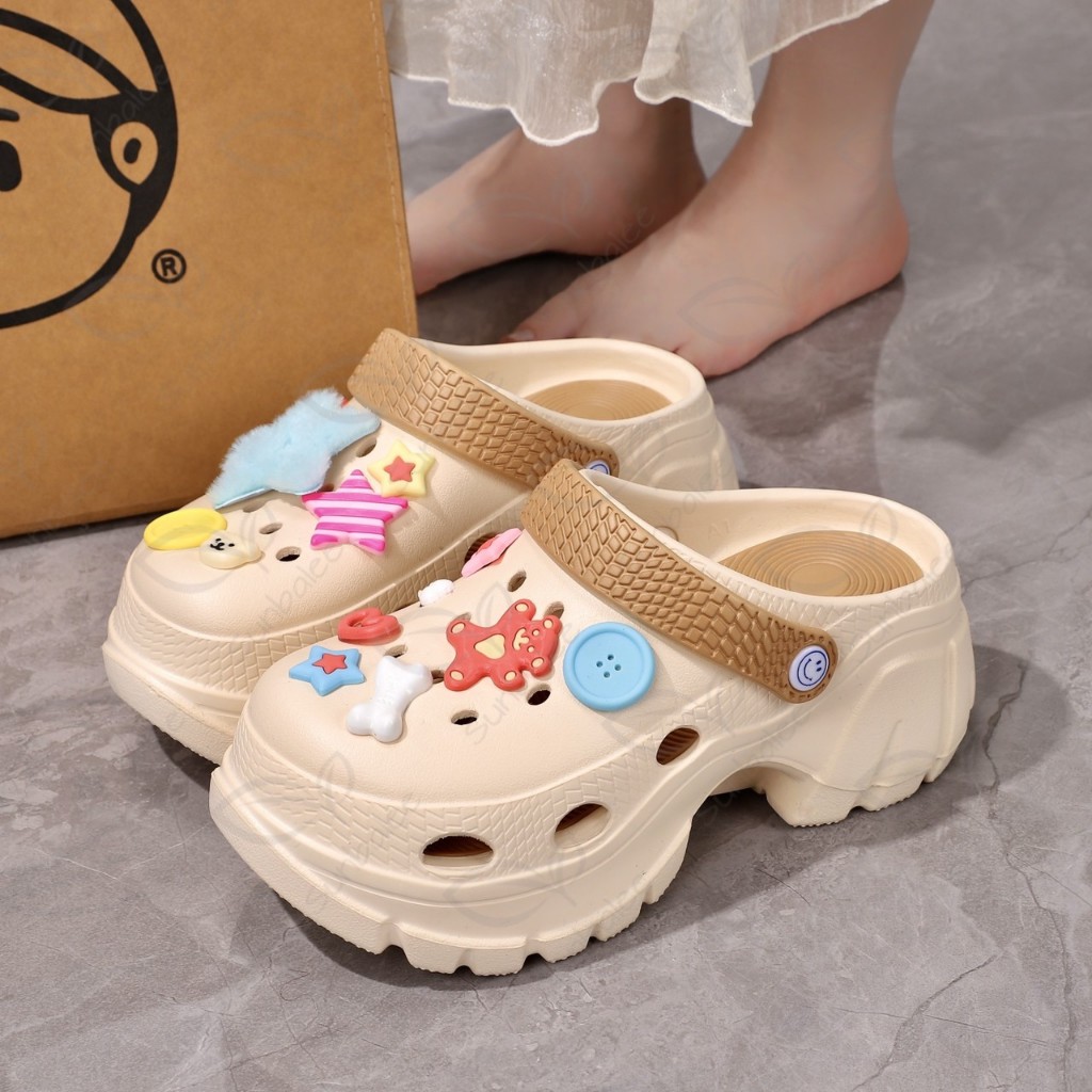 H509-DKB รองเท้าหัวโต แถมตัวติดแบบใหม่ เสริมส้นสูง 7 CM รองเท้ารัดส้น วัสดุ EVA สีพาสเทล ทูโทน สินค้าพร้อมส่ง