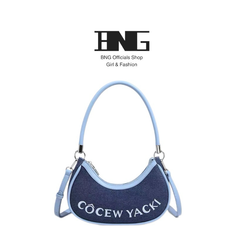 BNG🌺เย็บผ้าเดนิมตัวอักษรสีตัดกันกระเป๋าใต้วงแขนกระเป๋า Messenger แฟชั่นใหม่-D24282