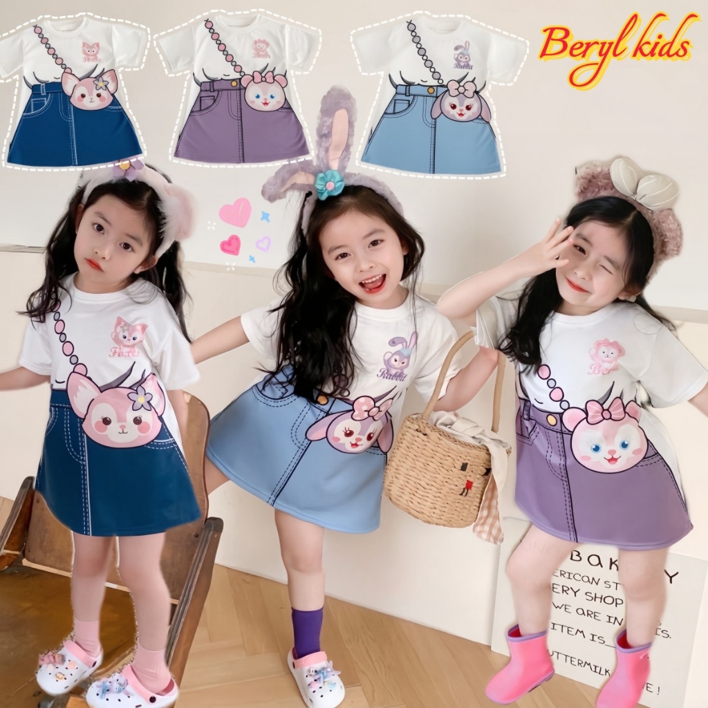 Beryl kids🌸ชุดเดรสเด็กผู้หญิง แฟชั่น🎀กระโปรงลำลอง แขนสั้น พิมพ์ลายการ์ตูนน่ารัก สไตล์เกาหลี ฤดูร้อน 2-9ปี