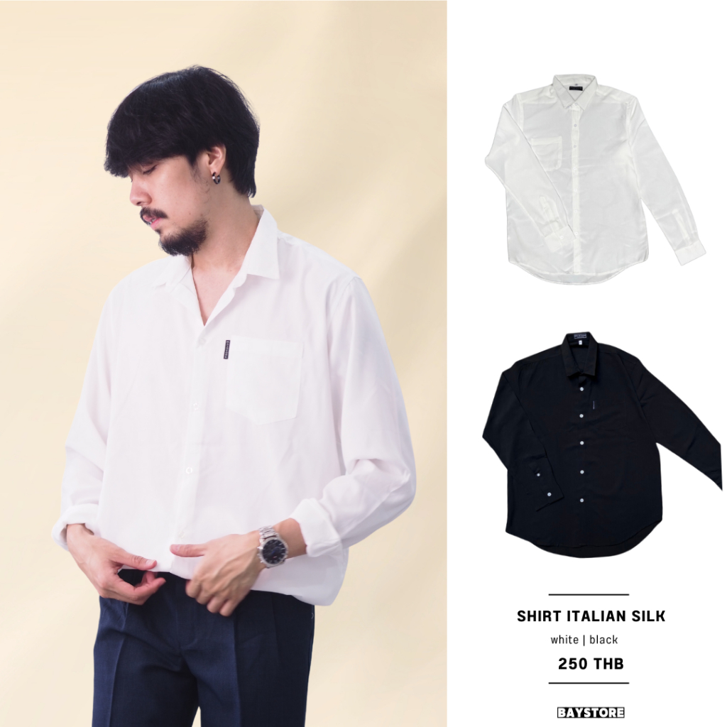 Baystore - เสื้อเชิ้ตแขนยาวผ้าไหมอิตาลี
