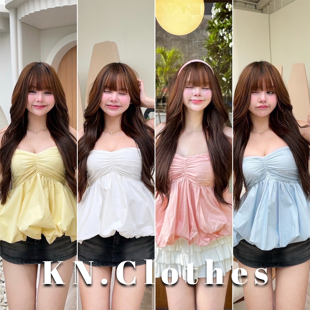 KN.Clothes เสื้อเกาะอกทรงบอลลูน เย็บจีบหน้าอก ปักโบว์ทั้งตัว ใส่แล้วพลางหุ่น มีสม็อคด้านหลัง Nusa.St