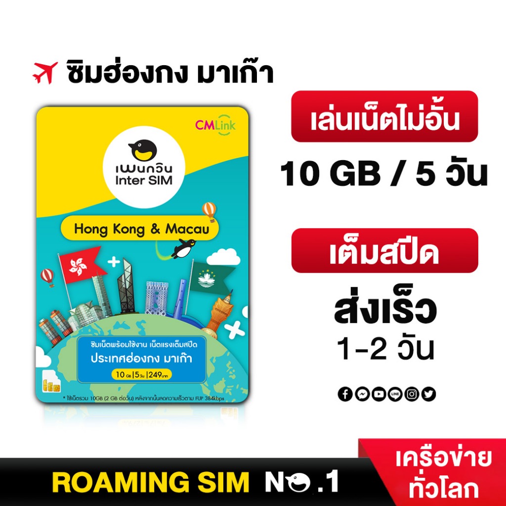 Hong Kong&Macao Sim Card Full speed 10GB FUP 384kbps:ซิมฮ่องกง มาเก๊า 5 วัน ซิมต่างประเทศ by CM LINK