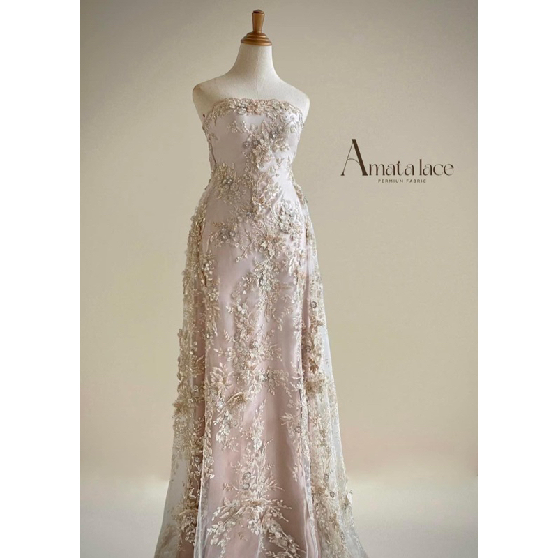Charm ผ้าลูกไม้ออกงานหรู ปักแน่น ผ้าลูกไม้นำเข้า แบรนด์ Amata Lace