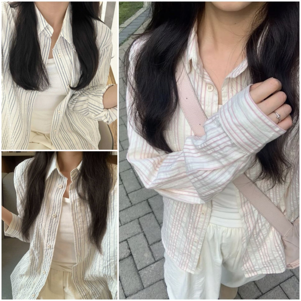 เสื้อแขนยาวผู้หญิงลายทางลุคสุภาพสีเส้นชมพู/ฟ้า CTB121 {FreeSize อก38} พื้นผ้าสีขาวใส่ทำงานก็ดูดีมากแมทซ์ง่ายใส่ได้ทุกวัน