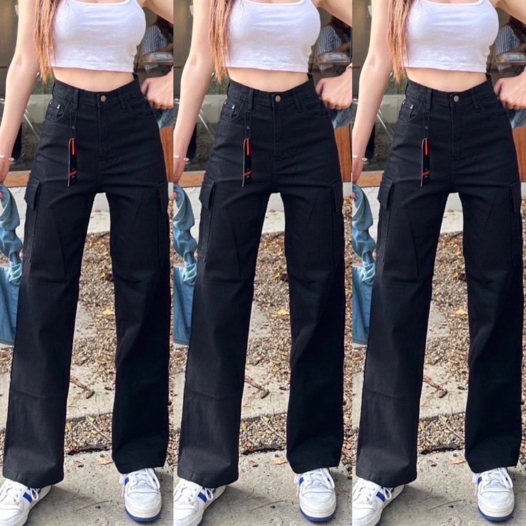 2NaraJeans ยีนส์ ผญ กระเป๋าคาโก้ ทรงกระบอก ผ้ายืด [S-5XL] สีดำ