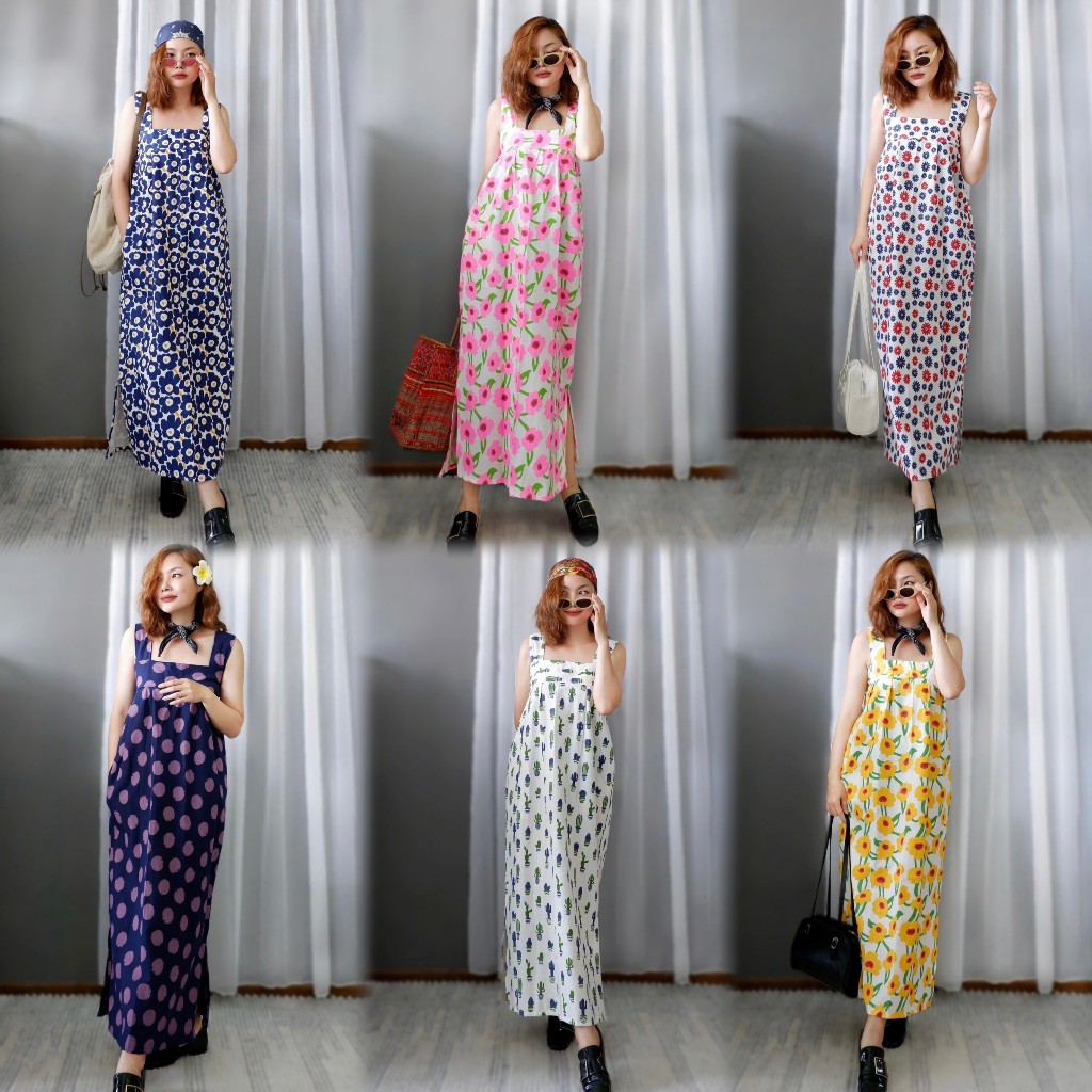 เดรสสายเดี่ยว ผ้าฝ้ายพิมพ์ลาย(ลงลายเพิ่ม) พร้อมส่ง