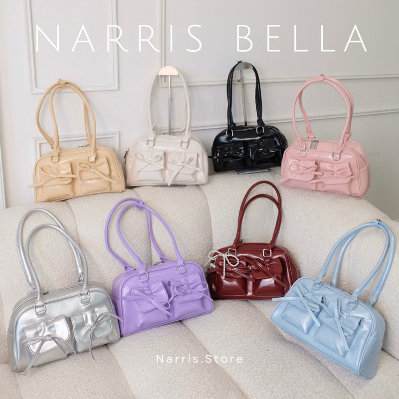 Narris.Store รุ่น Bella กระเป๋าหนังทรงเหลี่ยมสุดฮิต ผูกโบว์ (แถมฟรีห้อยไข่มุกหัวใจ)