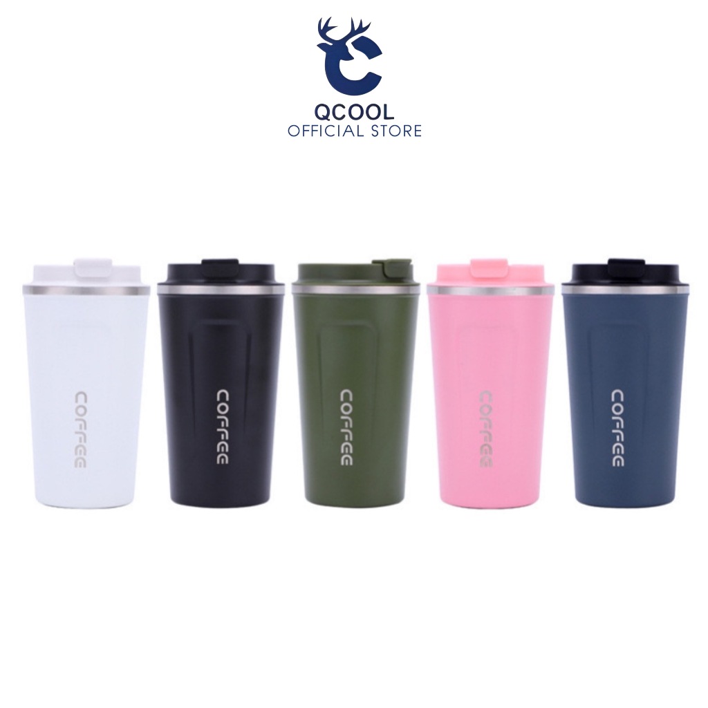 QCOOL (ของแท้) แก้วกาแฟ 380ml-510ml แก้วเก็บอุณหภูมิร้อน/เย็น แก้วสแตนเลส แบบกระดกดื่ม