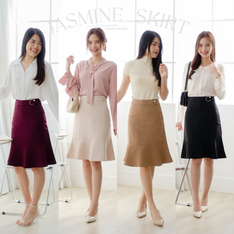 กระโปรงทำงานแฟชั่น ทรงระบายหัวเข็มขัด Jasmine Skirt ยาว22‘