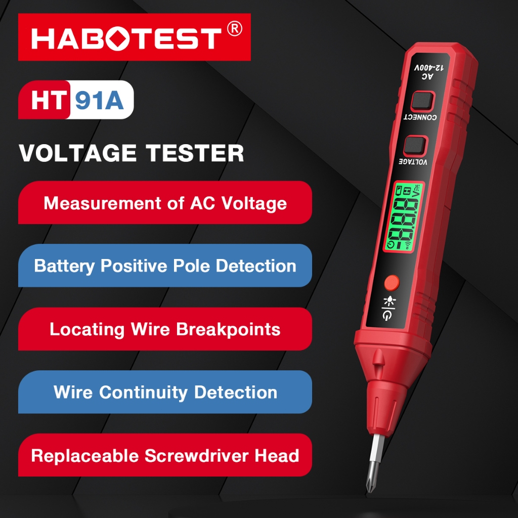 HABOTEST HT91A เครื่องตรวจจับแรงดันไฟฟ้า AC NCV 12 ~ 400V ปากกาเครื่องทดสอบแรงดันไฟฟ้าสำหรับ Live/Nu