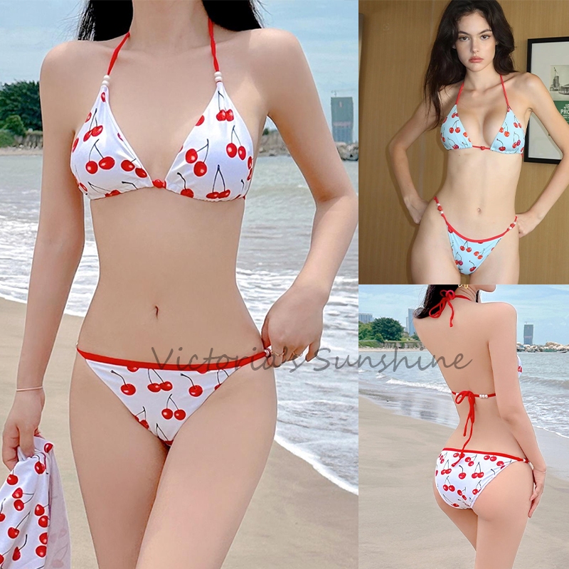 ชุดว่ายน้ำผู้หญิง บิกินี่ เซ็ต2ชิ้น Cherry Bikini ผูก โชว์หลัง สไตล์เซ็กซี่ ชายหาด#0336