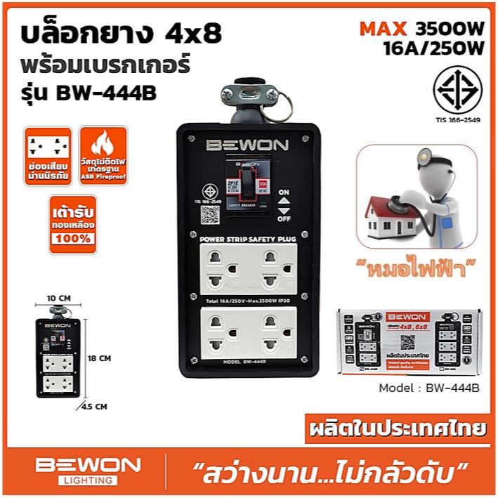 ปลั๊กไฟ BEWON (ตัวแทนจำหน่ายเป็นทางการ) - บล๊อกยาง 4x8 พร้อมปลั๊กคู่มีกราวด์สีขาวมีม่านนิรภัย มีเบรกเกอร์