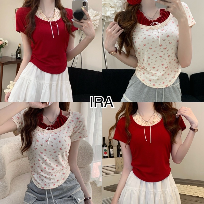 BY IRA พร้อมส่ง (23210) เสื้อครอปแขนสั้น ไม่มีฟองน้ำ สีพื้น/ลายดอกไม้ ผ้ายืดใส่สบาย