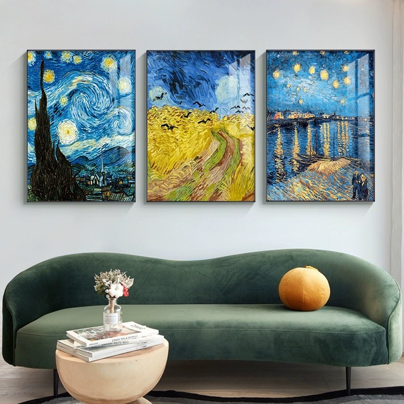 Van Gogh Starry Night 🌃 กรอบรูปพร้อมกรอบรูป พื้นผิวหุ้มด้วยฟิล์มสะท้อนแสง PVC ภาพความละเอียดสูงพิเศษ ห้องพัก ห้องนอน ห้อ